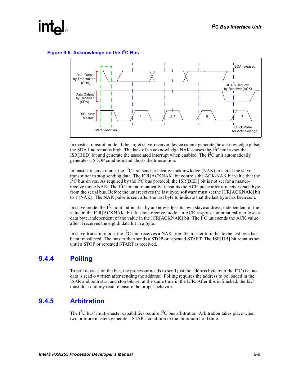 4 polling, 5 arbitration, Polling -9 | Arbitration -9, Acknowledge on the i2c bus -9, Section 9.4.5, Figure 9-5 | Intel PXA255 User Manual | Page 339 / 600