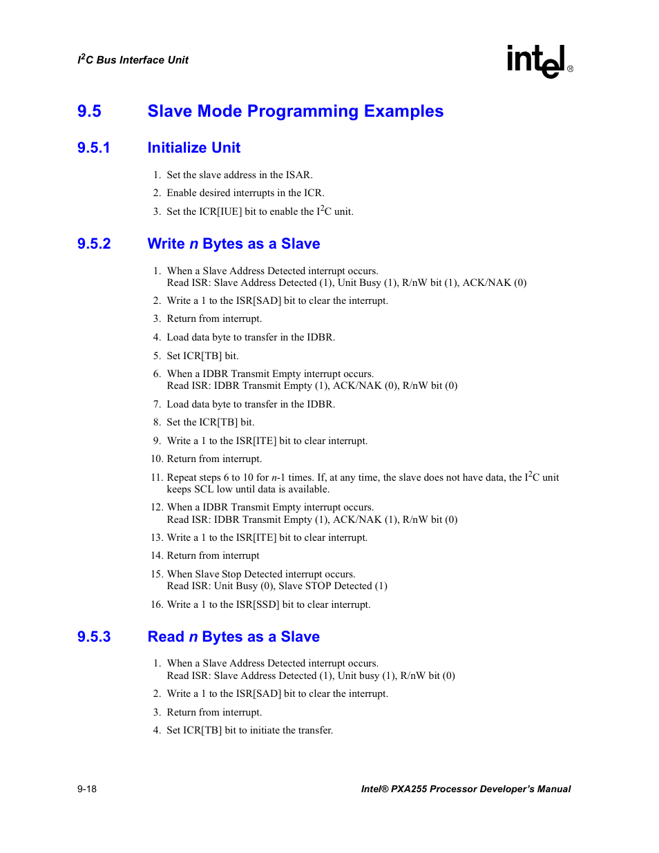 5 slave mode programming examples, 1 initialize unit, 2 write n bytes as a slave | 3 read n bytes as a slave, Slave mode programming examples -18 9.5.1, Initialize unit -18, Write n bytes as a slave -18, Read n bytes as a slave -18 | Intel PXA255 User Manual | Page 348 / 600