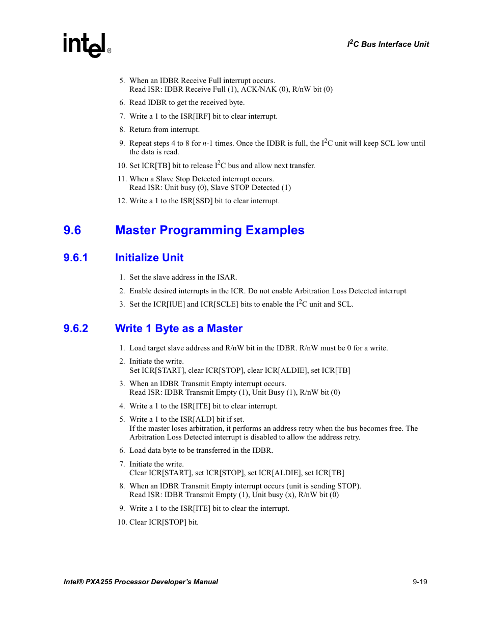 6 master programming examples, 1 initialize unit, 2 write 1 byte as a master | Master programming examples -19 9.6.1, Initialize unit -19, Write 1 byte as a master -19 | Intel PXA255 User Manual | Page 349 / 600