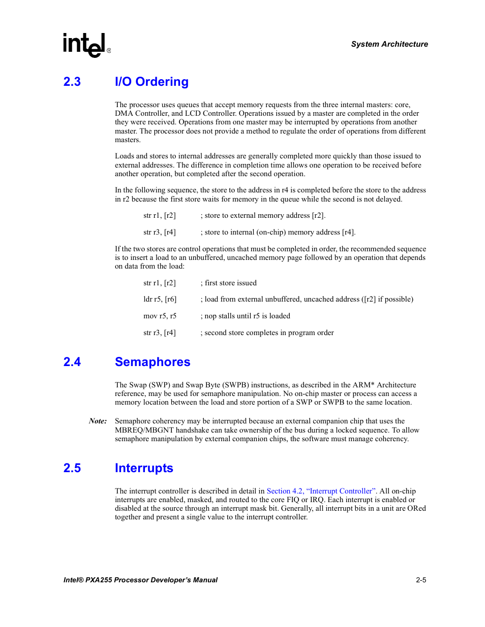 3 i/o ordering, 4 semaphores, 5 interrupts | I/o ordering -5, Semaphores -5, Interrupts -5 | Intel PXA255 User Manual | Page 35 / 600