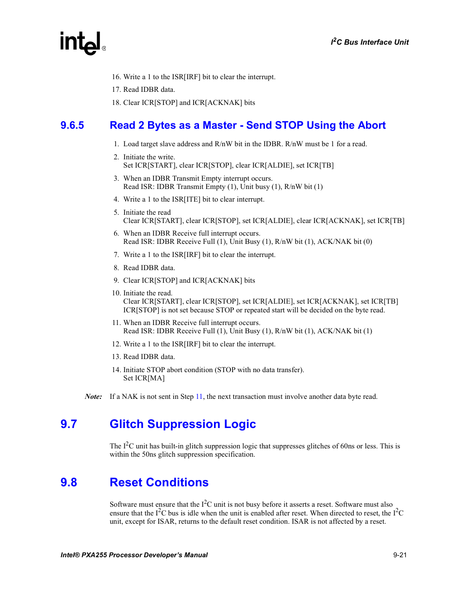 7 glitch suppression logic, 8 reset conditions, Glitch suppression logic -21 | Reset conditions -21 | Intel PXA255 User Manual | Page 351 / 600