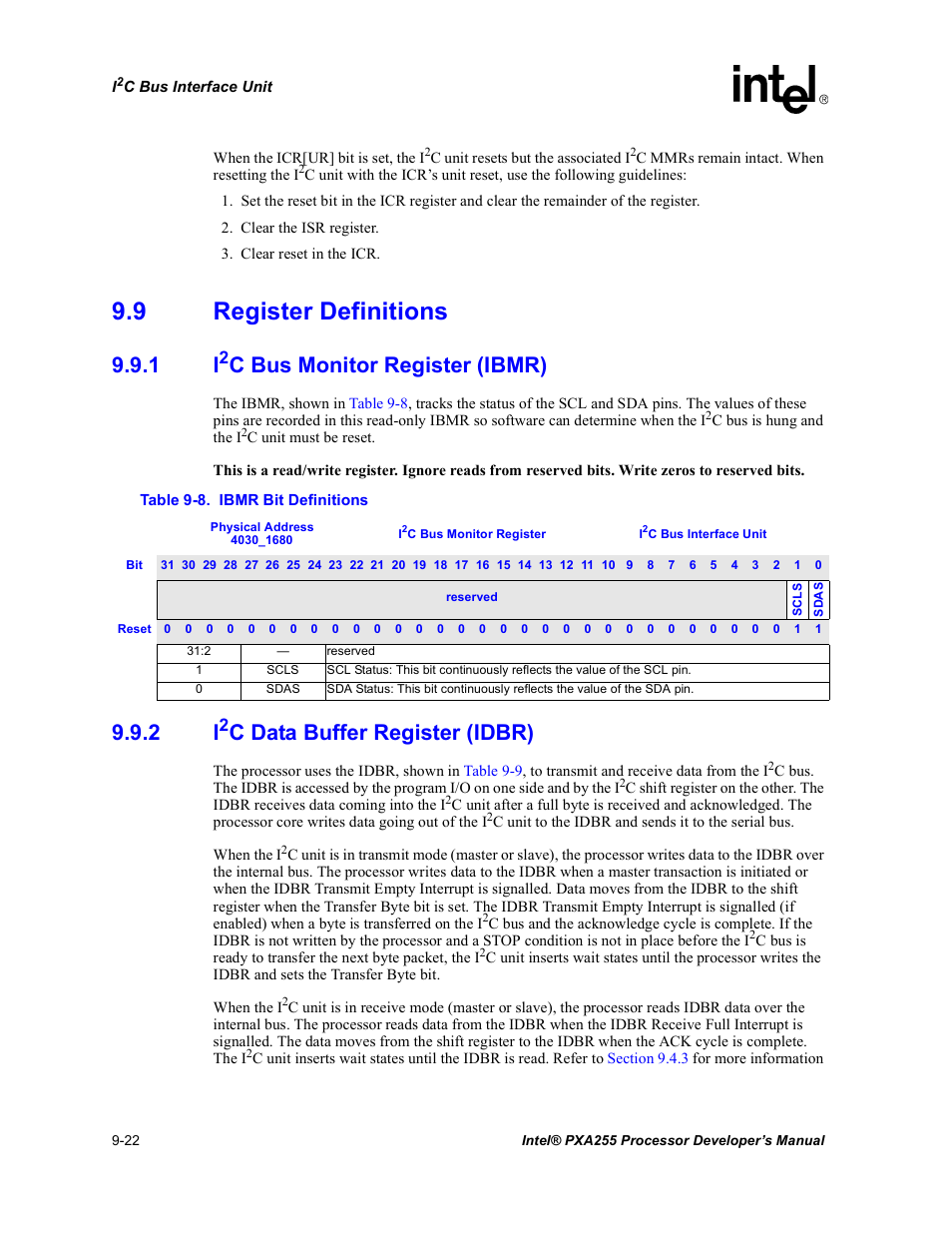 9 register definitions, 1 i2c bus monitor register (ibmr), 2 i2c data buffer register (idbr) | Register definitions -22 9.9.1, I2c bus monitor register (ibmr) -22, I2c data buffer register (idbr) -22, Ibmr bit definitions -22, Section 9.9, Section 9.9.2, C bus monitor register (ibmr) | Intel PXA255 User Manual | Page 352 / 600