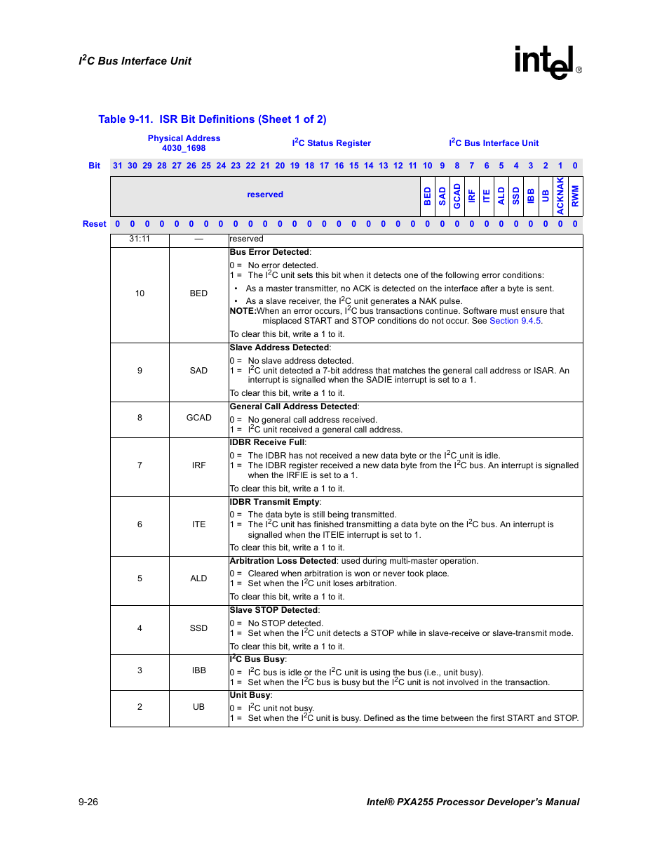 Isr bit definitions -26, Table 9-11 | Intel PXA255 User Manual | Page 356 / 600