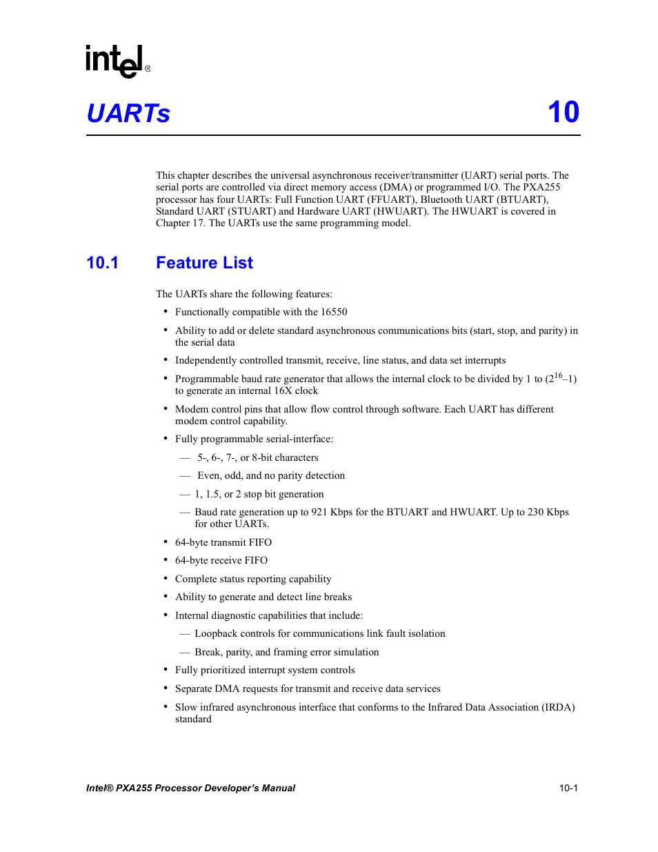 Uarts 10, 1 feature list, Uarts -1 10.1 feature list -1 | Uarts | Intel PXA255 User Manual | Page 359 / 600