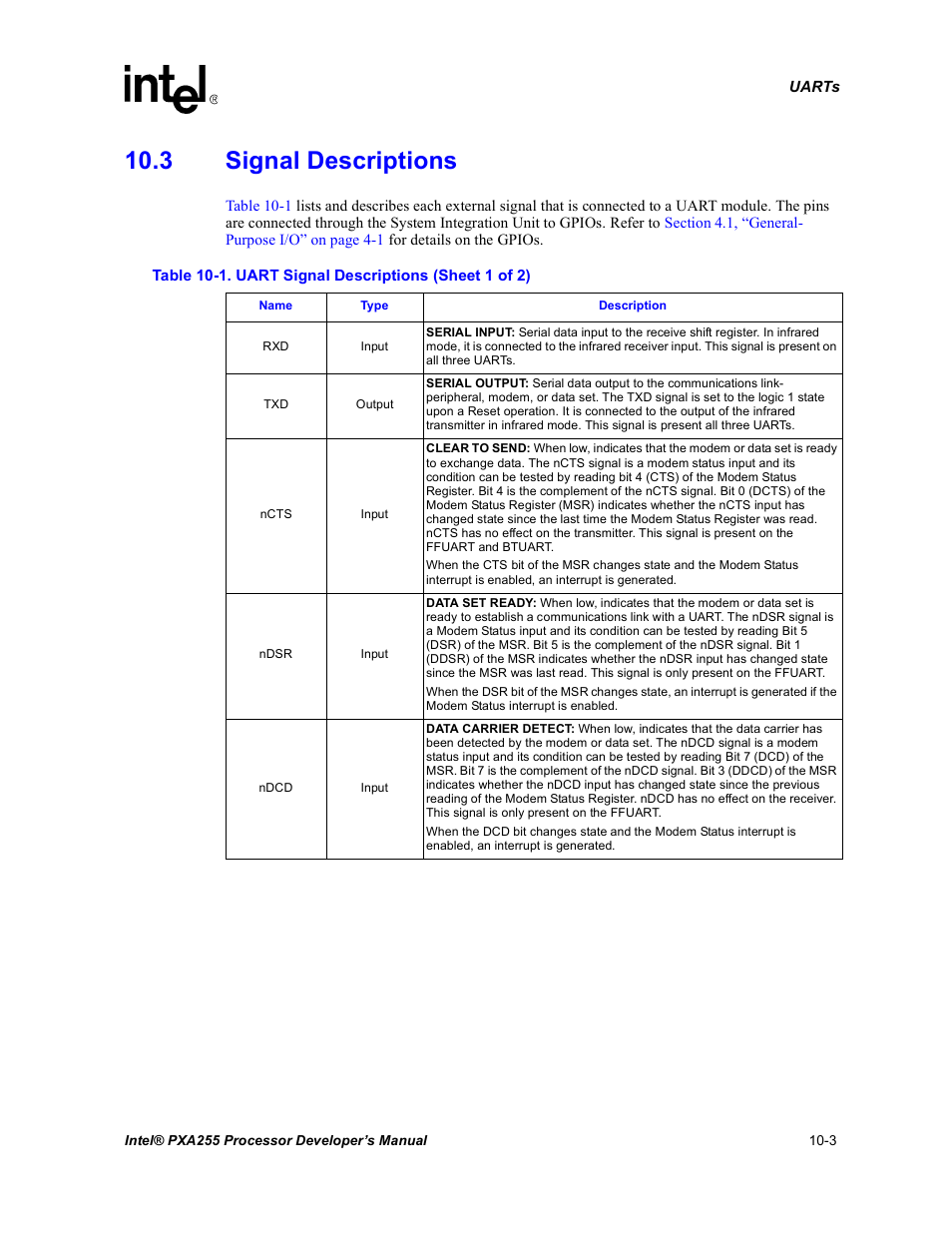 3 signal descriptions, 3 signal descriptions -3, Uart signal descriptions -3 | Intel PXA255 User Manual | Page 361 / 600