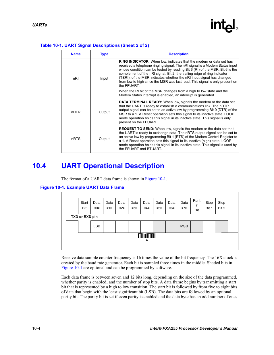 4 uart operational description, 4 uart operational description -4, Example uart data frame -4 | Intel PXA255 User Manual | Page 362 / 600