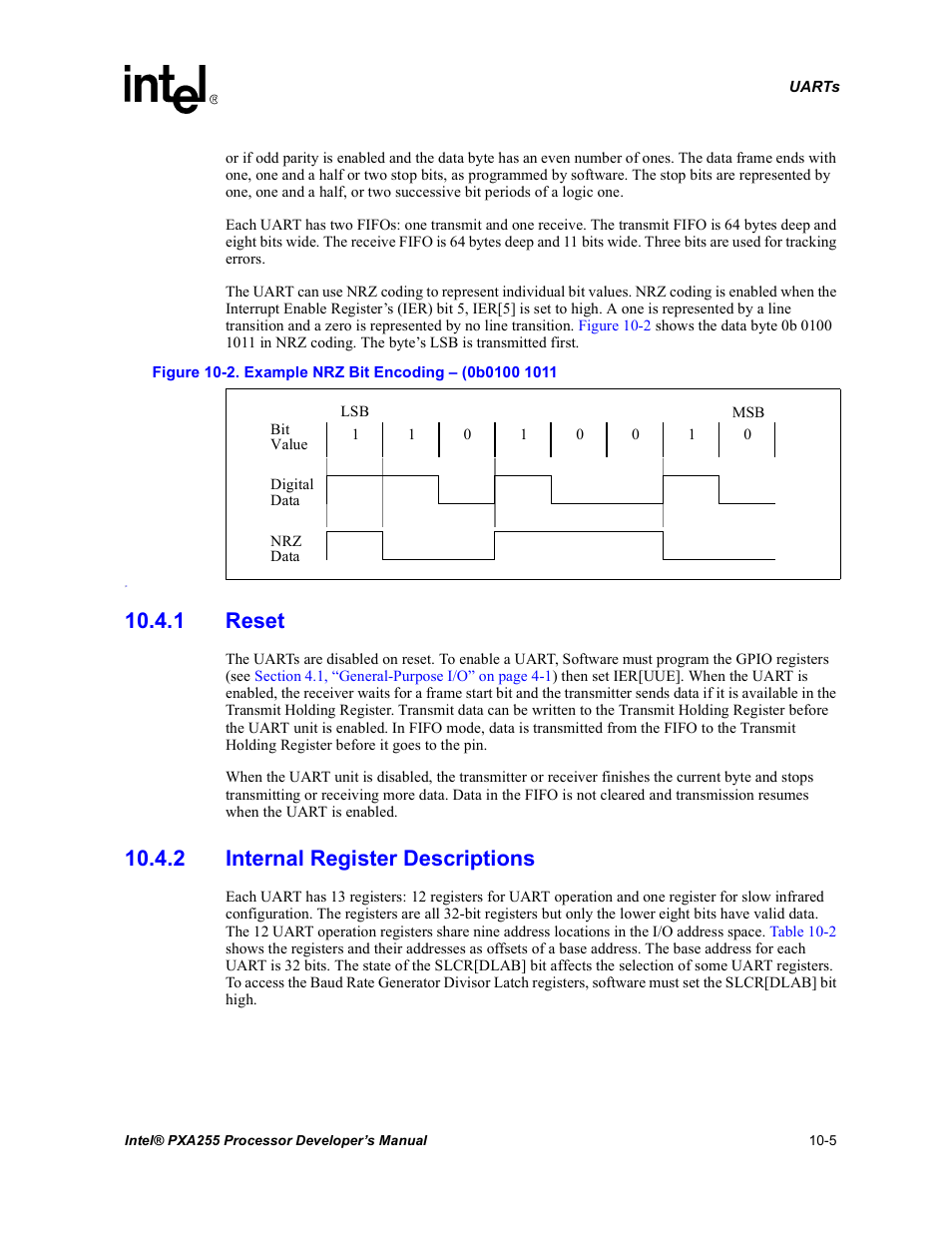 1 reset, 2 internal register descriptions, Example nrz bit encoding – (0b0100 1011 -5 | Intel PXA255 User Manual | Page 363 / 600