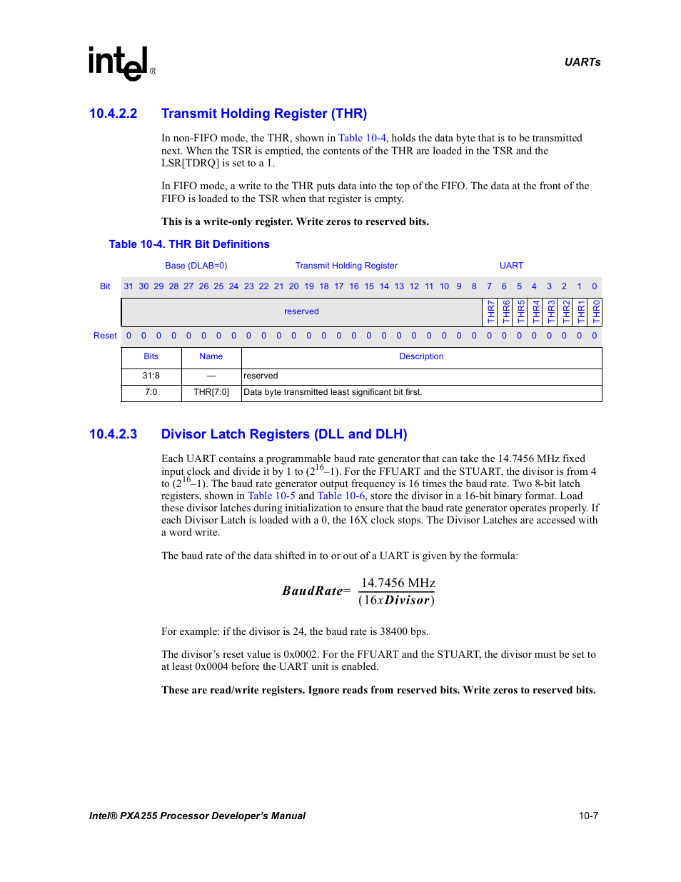 2 transmit holding register (thr), 3 divisor latch registers (dll and dlh), Thr bit definitions -7 | Intel PXA255 User Manual | Page 365 / 600