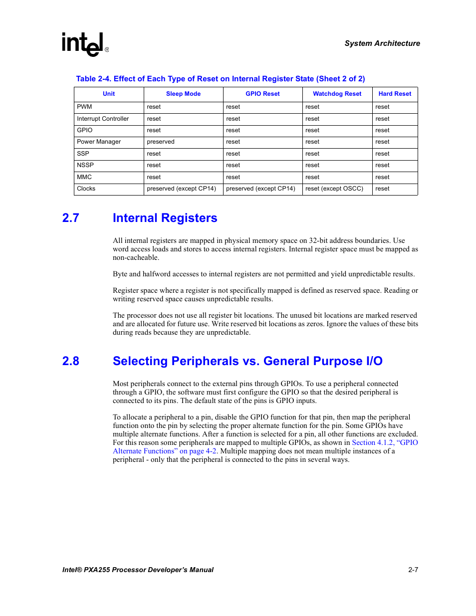 7 internal registers, 8 selecting peripherals vs. general purpose i/o, Internal registers -7 | Selecting peripherals vs. general purpose i/o -7 | Intel PXA255 User Manual | Page 37 / 600