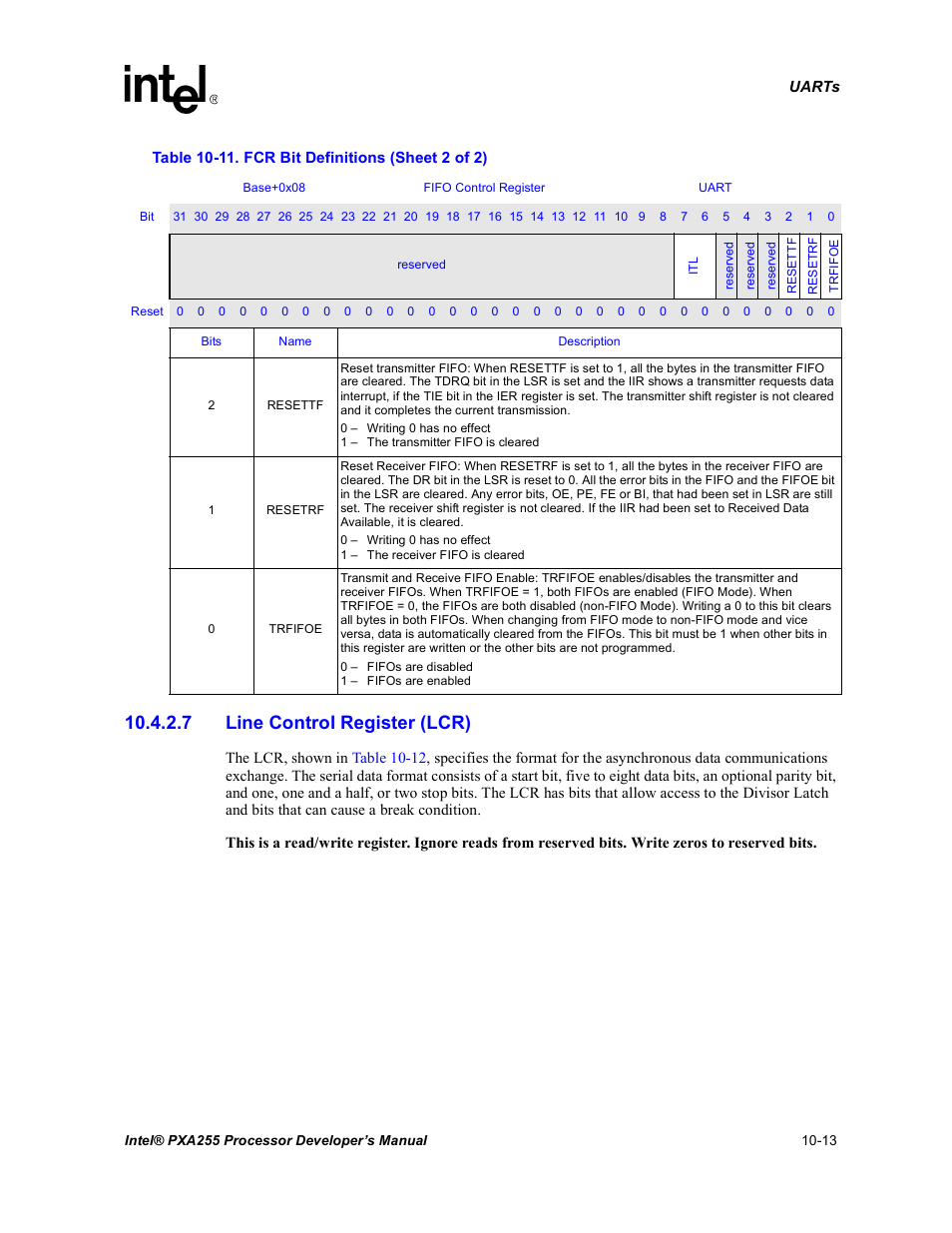 7 line control register (lcr) | Intel PXA255 User Manual | Page 371 / 600