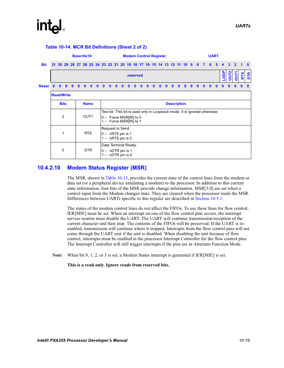 10 modem status register (msr) | Intel PXA255 User Manual | Page 377 / 600