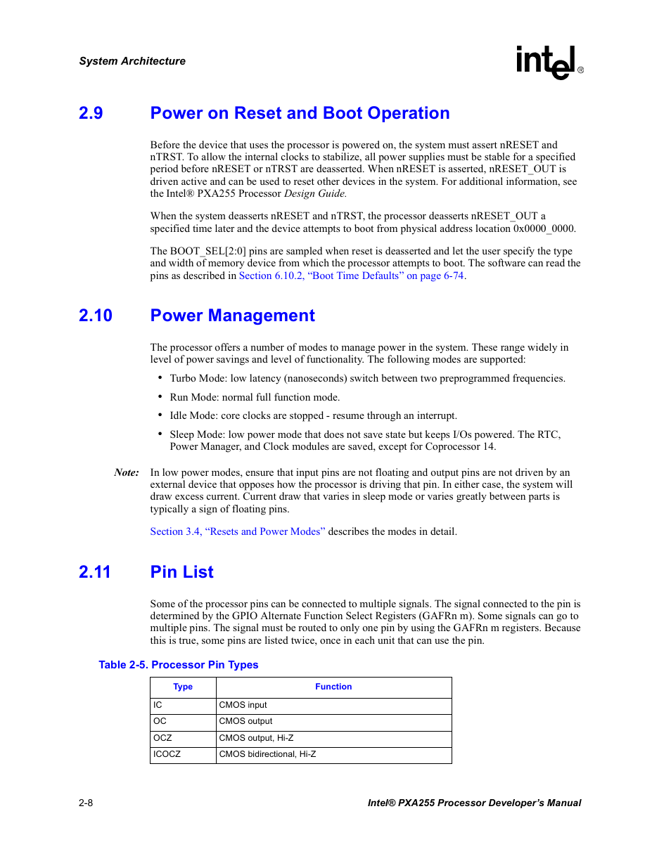 9 power on reset and boot operation, 10 power management, 11 pin list | Power on reset and boot operation -8, 10 power management -8 2.11 pin list -8, Processor pin types -8 | Intel PXA255 User Manual | Page 38 / 600