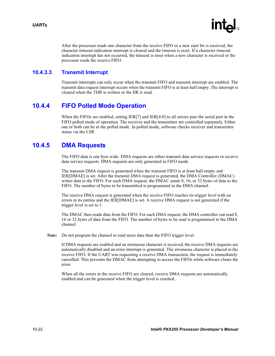 3 transmit interrupt, 4 fifo polled mode operation, 5 dma requests | Section 10.4.5 | Intel PXA255 User Manual | Page 380 / 600