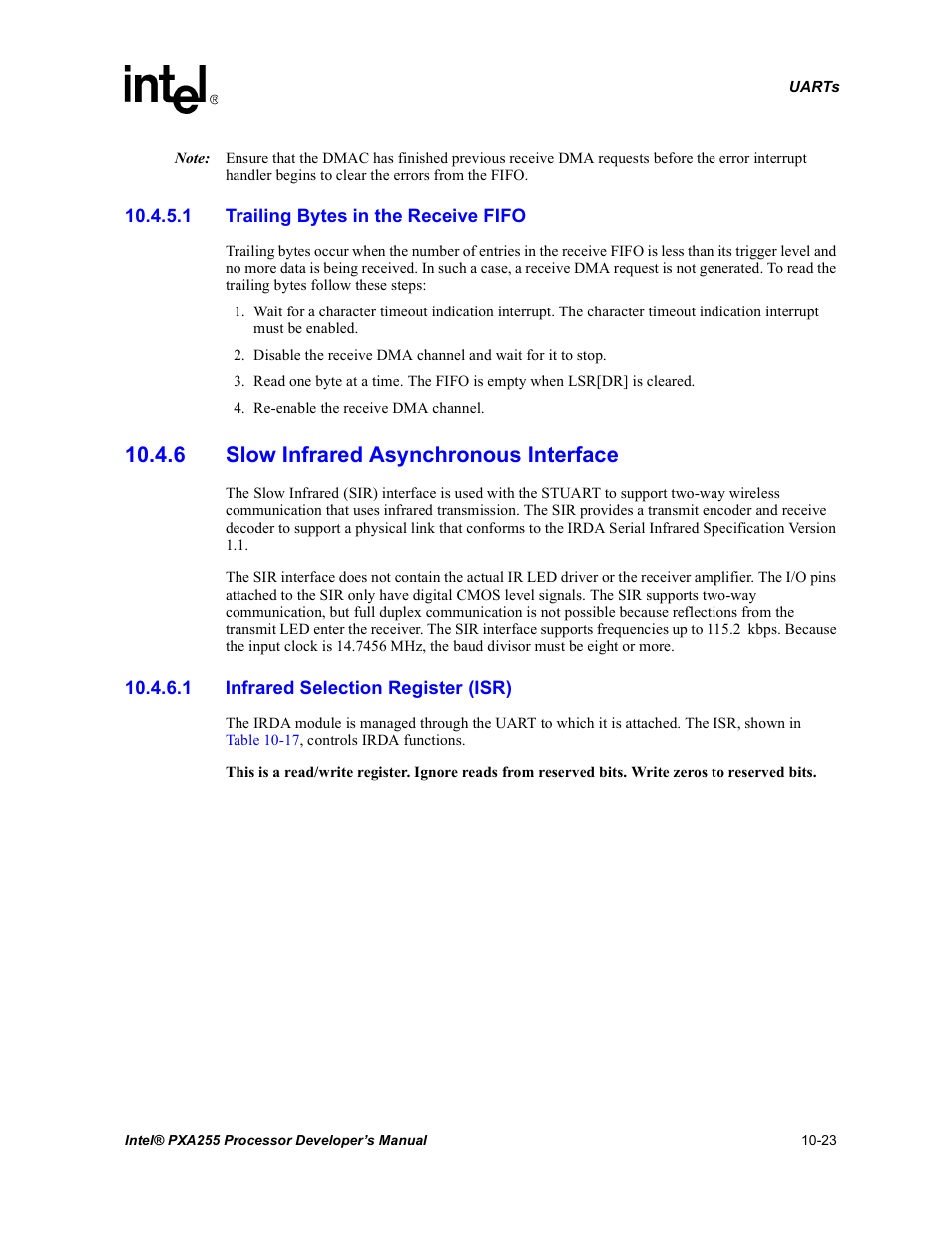 1 trailing bytes in the receive fifo, 6 slow infrared asynchronous interface, 1 infrared selection register (isr) | 6 slow infrared asynchronous interface -23 | Intel PXA255 User Manual | Page 381 / 600