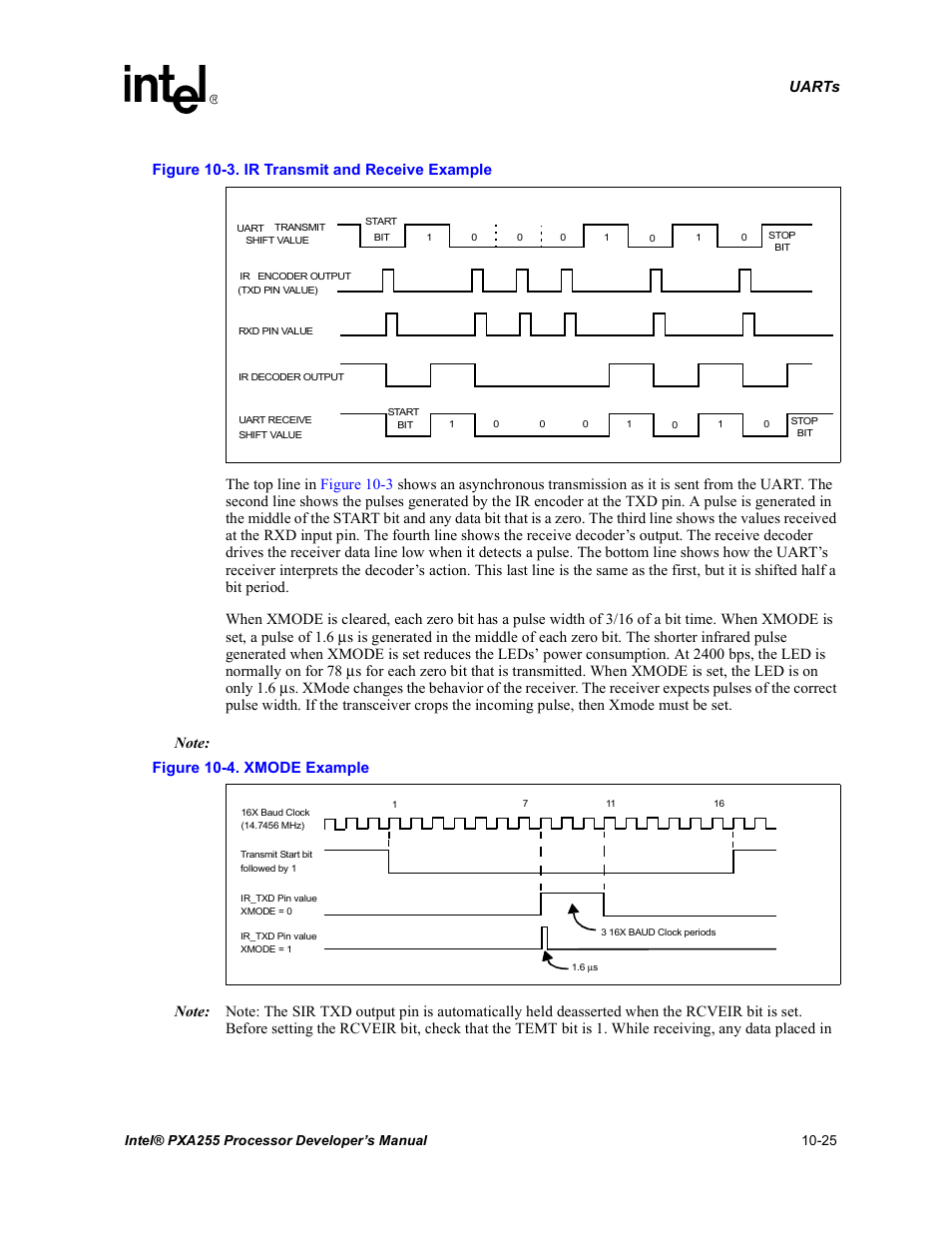 Ir transmit and receive example -25, Xmode example -25, Figure 10-4. xmode example | Intel PXA255 User Manual | Page 383 / 600