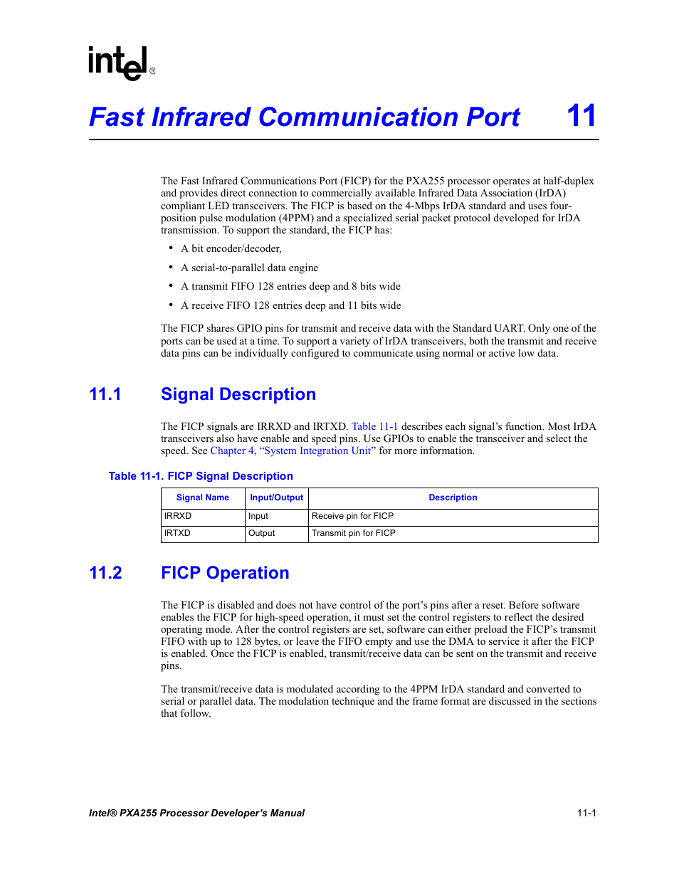 Fast infrared communication port 11, 1 signal description, 2 ficp operation | Ficp signal description -1, Fast infrared communication port | Intel PXA255 User Manual | Page 387 / 600