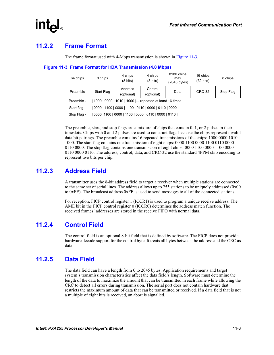 2 frame format, 3 address field, 4 control field | 5 data field, Frame format for irda transmission (4.0 mbps) -3 | Intel PXA255 User Manual | Page 389 / 600