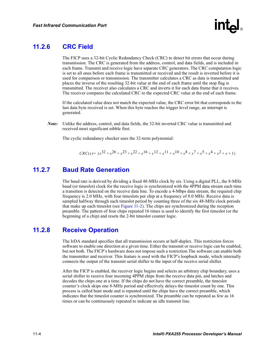 6 crc field, 7 baud rate generation, 8 receive operation | Intel PXA255 User Manual | Page 390 / 600