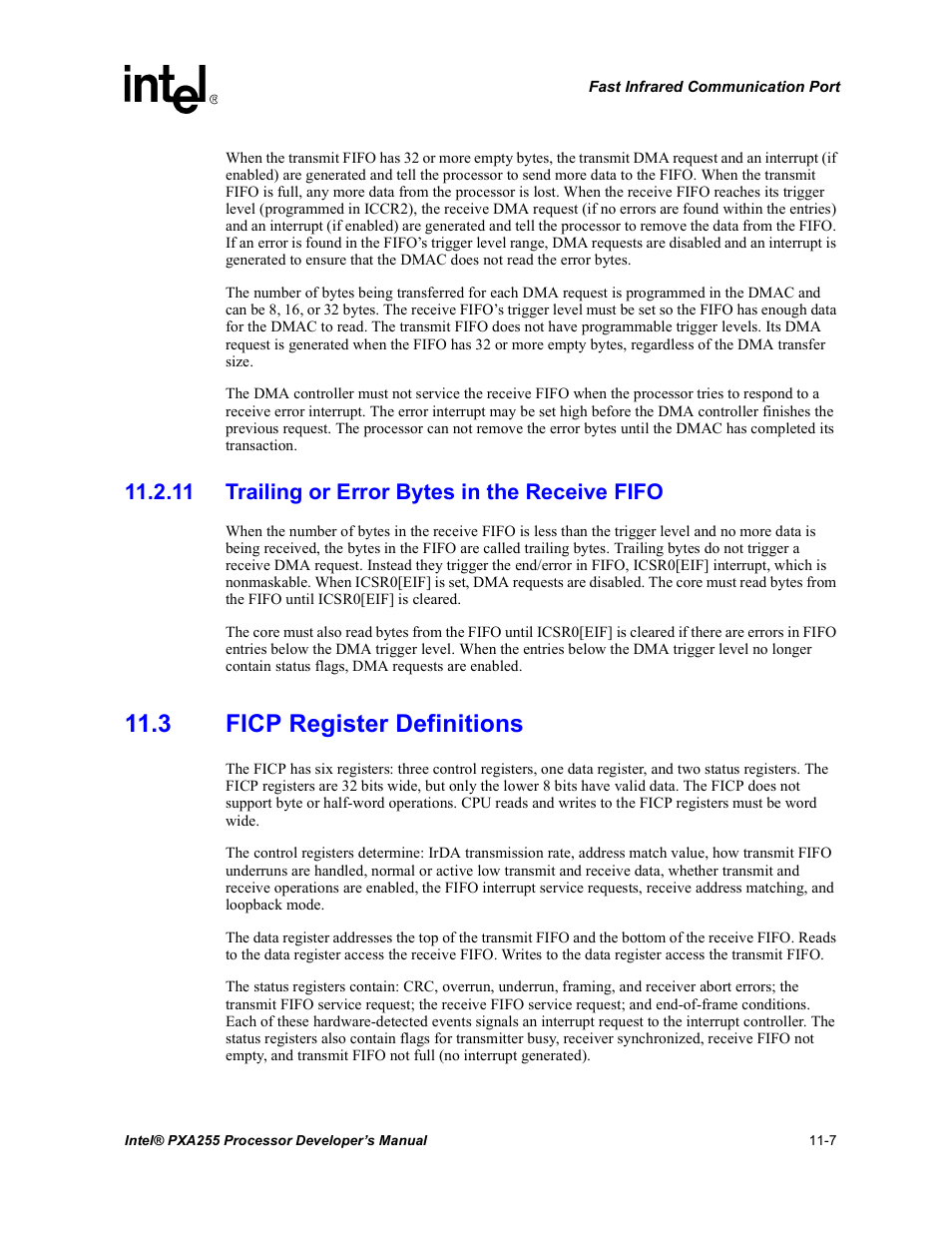 11 trailing or error bytes in the receive fifo, 3 ficp register definitions, 11 trailing or error bytes in the receive fifo -7 | 3 ficp register definitions -7 | Intel PXA255 User Manual | Page 393 / 600