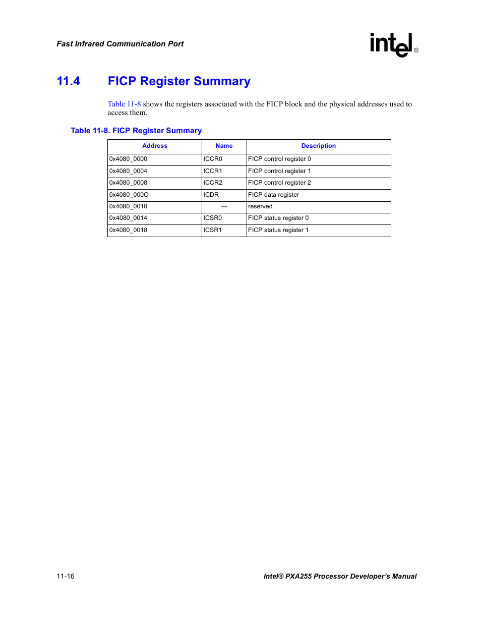 4 ficp register summary, 4 ficp register summary -16, Ficp register summary -16 | Intel PXA255 User Manual | Page 402 / 600