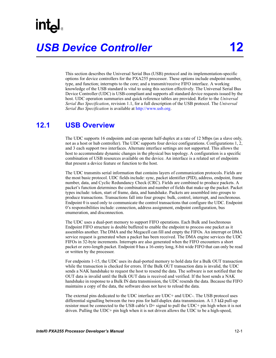 Usb device controller 12, 1 usb overview, Usb device controller -1 12.1 usb overview -1 | Usb device controller | Intel PXA255 User Manual | Page 403 / 600