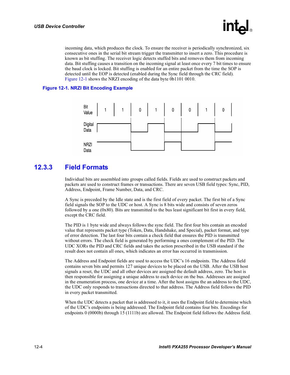 3 field formats, 3 field formats -4, Nrzi bit encoding example -4 | Intel PXA255 User Manual | Page 406 / 600