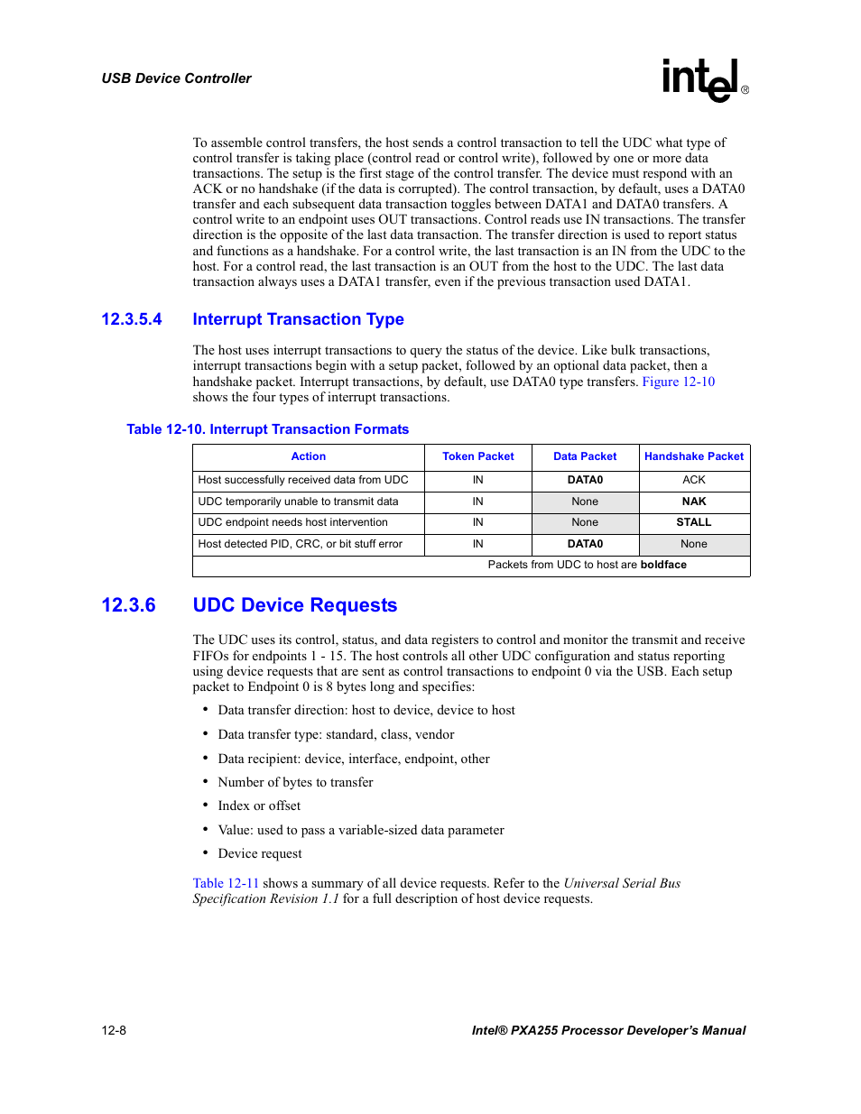 4 interrupt transaction type, 6 udc device requests, 6 udc device requests -8 | 10 interrupt transaction formats -8 | Intel PXA255 User Manual | Page 410 / 600