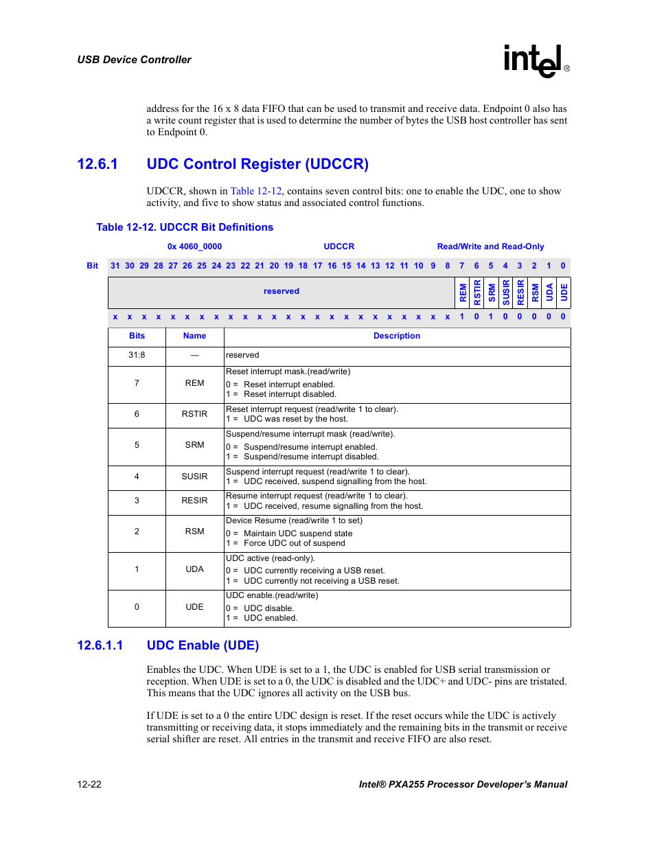 1 udc control register (udccr), 1 udc enable (ude), 1 udc control register (udccr) -22 | 12 udccr bit definitions -22 | Intel PXA255 User Manual | Page 424 / 600