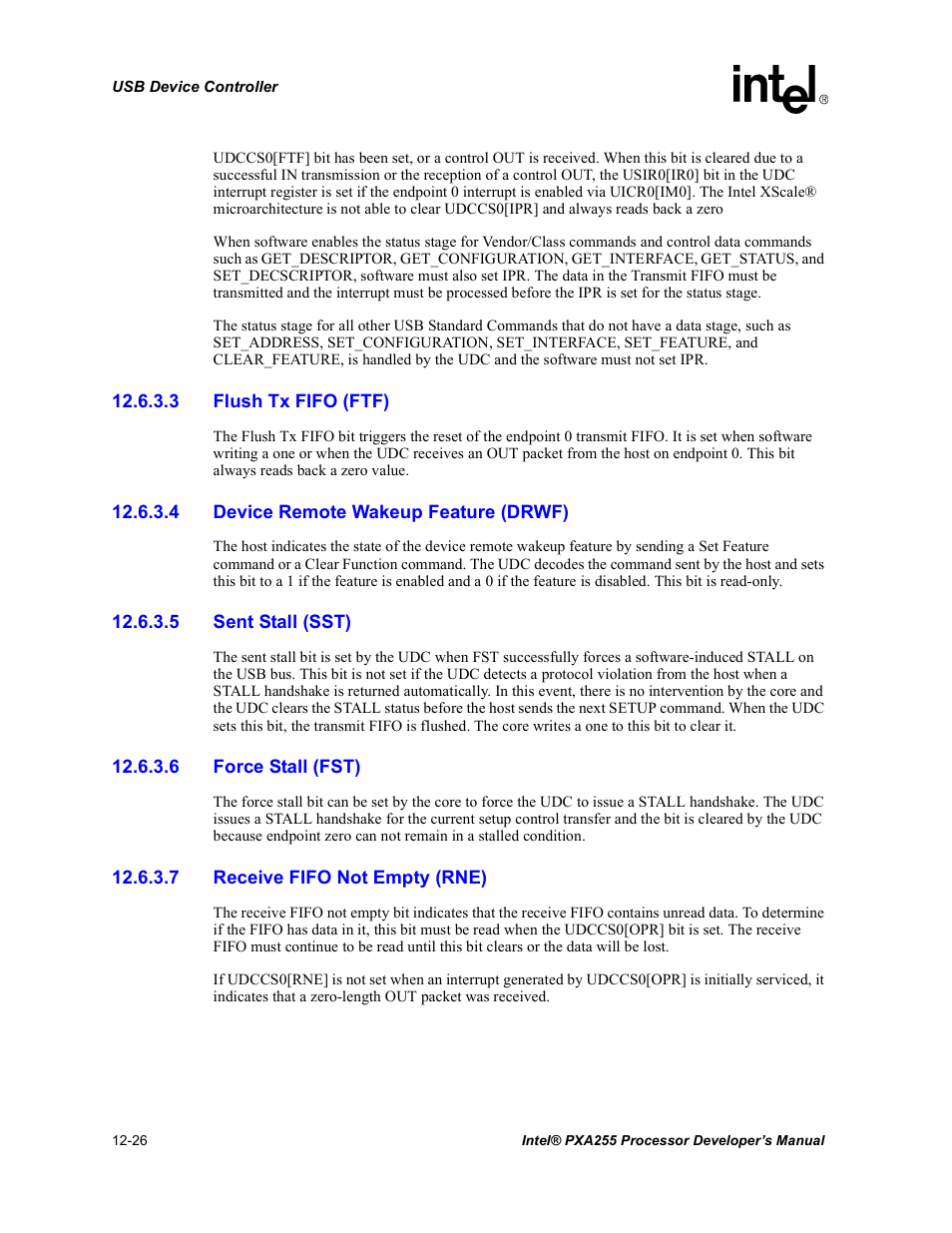 3 flush tx fifo (ftf), 4 device remote wakeup feature (drwf), 5 sent stall (sst) | 6 force stall (fst), 7 receive fifo not empty (rne) | Intel PXA255 User Manual | Page 428 / 600