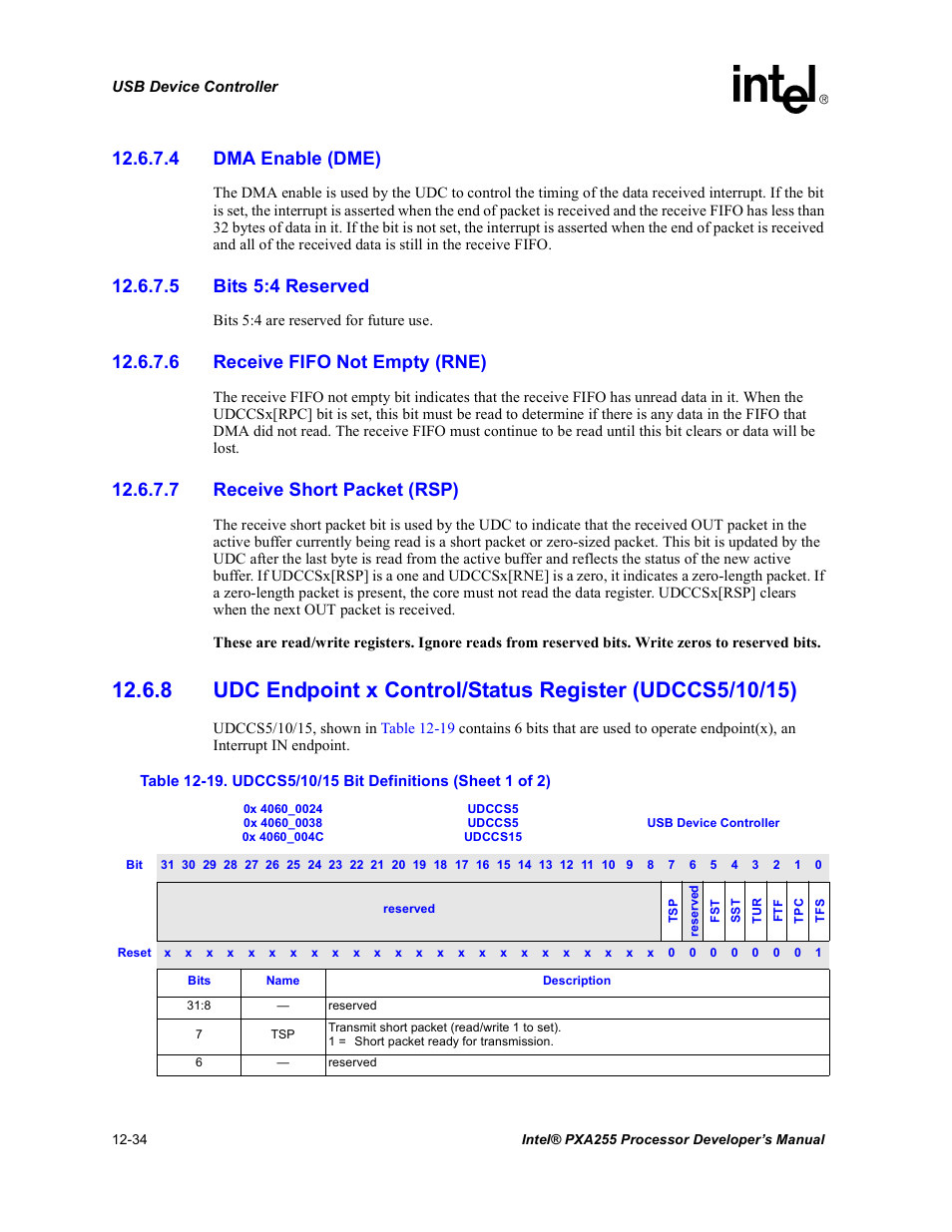 4 dma enable (dme), 5 bits 5:4 reserved, 6 receive fifo not empty (rne) | 7 receive short packet (rsp), 19 udccs5/10/15 bit definitions -34 | Intel PXA255 User Manual | Page 436 / 600