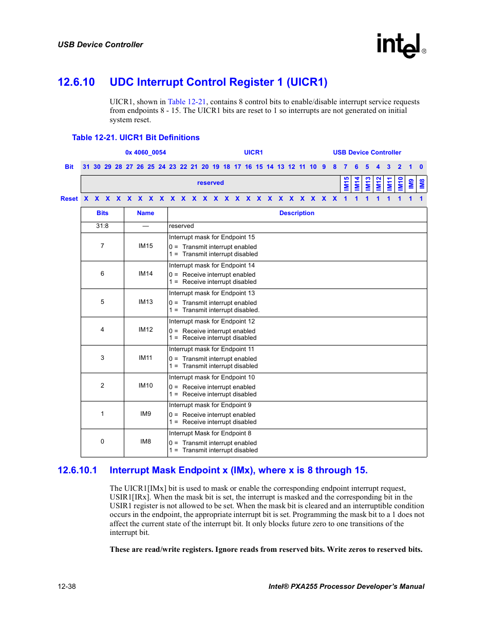 10 udc interrupt control register 1 (uicr1), 10 udc interrupt control register 1 (uicr1) -38, 21 uicr1 bit definitions -38 | Intel PXA255 User Manual | Page 440 / 600