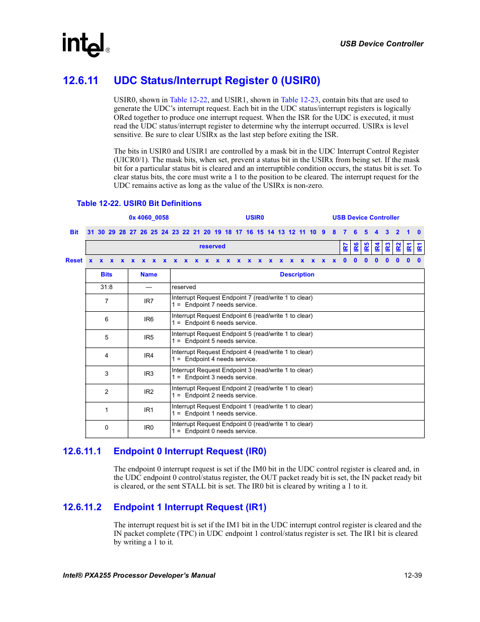 11 udc status/interrupt register 0 (usir0), 1 endpoint 0 interrupt request (ir0), 2 endpoint 1 interrupt request (ir1) | 11 udc status/interrupt register 0 (usir0) -39, 22 usir0 bit definitions -39 | Intel PXA255 User Manual | Page 441 / 600