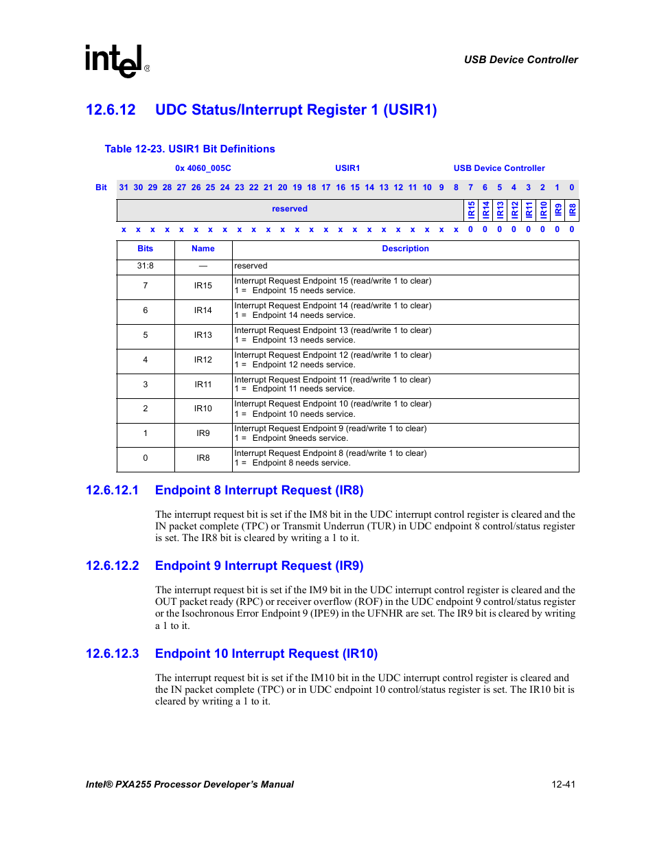 12 udc status/interrupt register 1 (usir1), 1 endpoint 8 interrupt request (ir8), 2 endpoint 9 interrupt request (ir9) | 3 endpoint 10 interrupt request (ir10), 12 udc status/interrupt register 1 (usir1) -41, 23 usir1 bit definitions -41, Table 12-23 | Intel PXA255 User Manual | Page 443 / 600