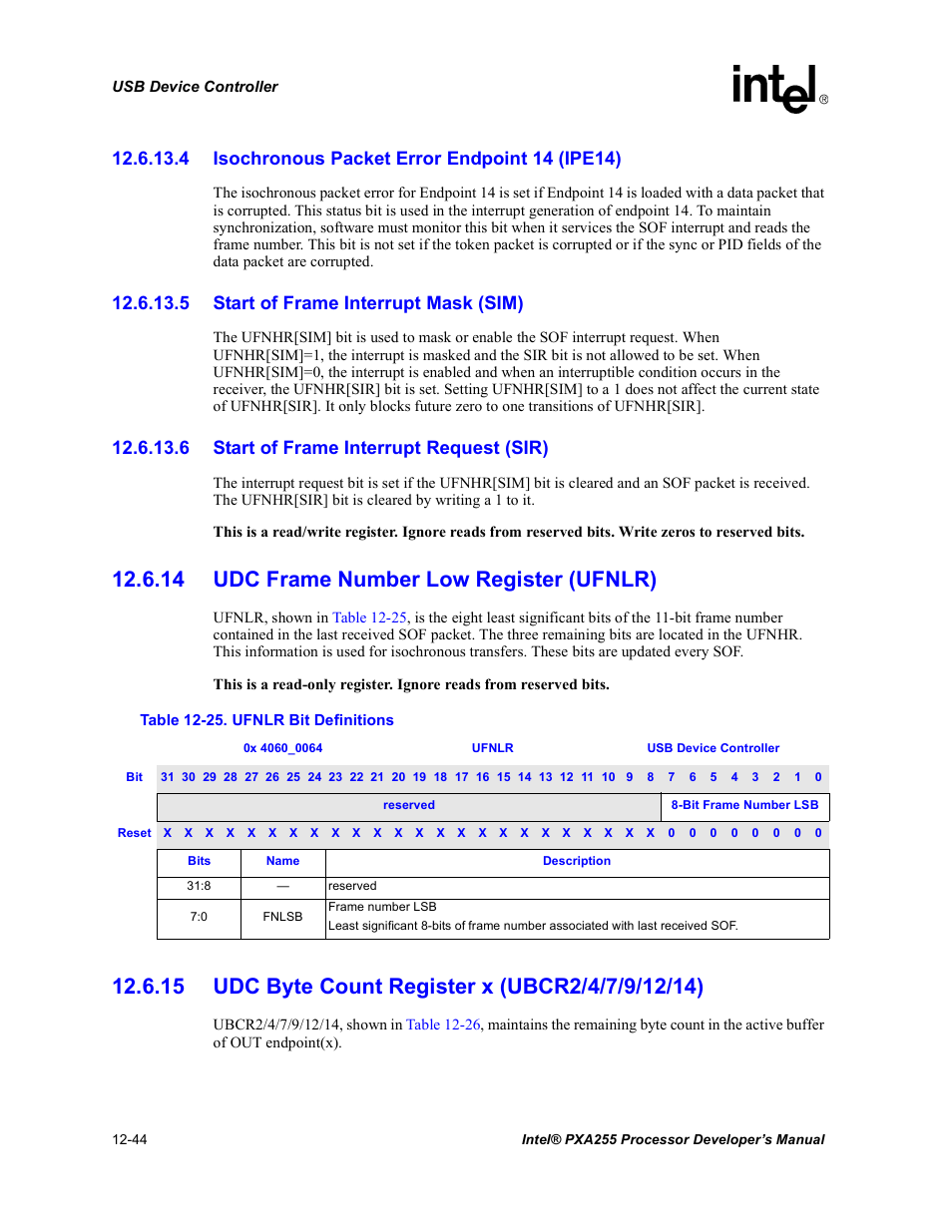 4 isochronous packet error endpoint 14 (ipe14), 5 start of frame interrupt mask (sim), 6 start of frame interrupt request (sir) | 14 udc frame number low register (ufnlr), 15 udc byte count register x (ubcr2/4/7/9/12/14), 25 ufnlr bit definitions -44 | Intel PXA255 User Manual | Page 446 / 600