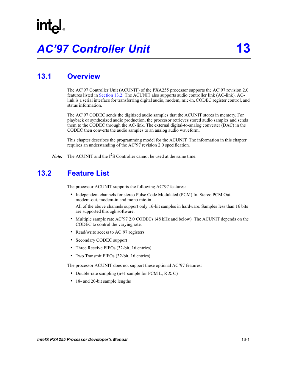 Ac’97 controller unit 13, 1 overview, 2 feature list | Ac’97 controller unit -1 13.1 overview -1 13.2 f, Ac’97 controller unit | Intel PXA255 User Manual | Page 453 / 600
