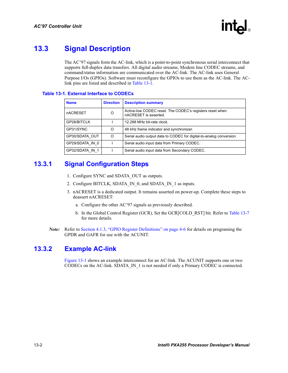 3 signal description, 1 signal configuration steps, 2 example ac-link | 3 signal description -2, External interface to codecs -2 | Intel PXA255 User Manual | Page 454 / 600