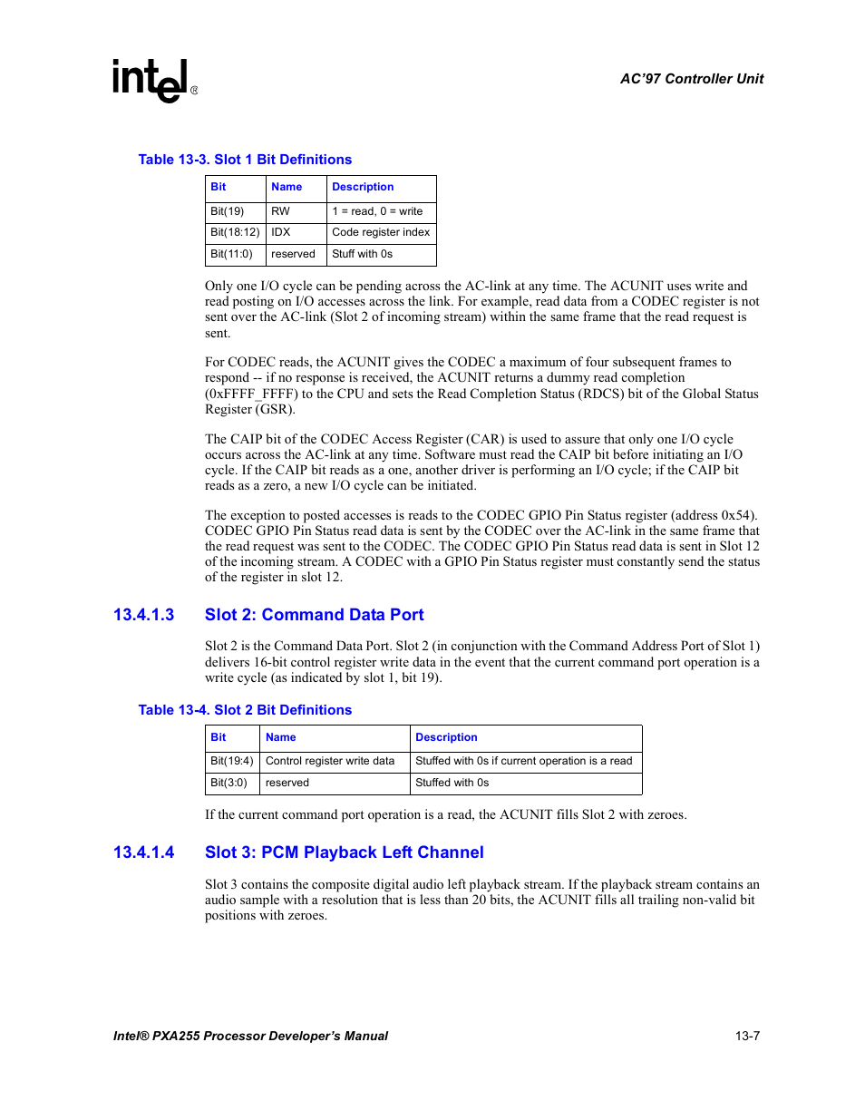 3 slot 2: command data port, 4 slot 3: pcm playback left channel, Slot 1 bit definitions -7 | Slot 2 bit definitions -7 | Intel PXA255 User Manual | Page 459 / 600