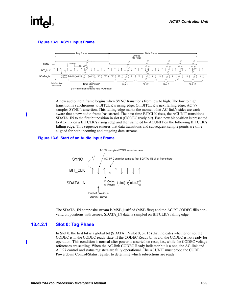 1 slot 0: tag phase, Ac’97 input frame -9, Sync sdata_in | Bit_clk, Figure 13-6. start of an audio input frame | Intel PXA255 User Manual | Page 461 / 600