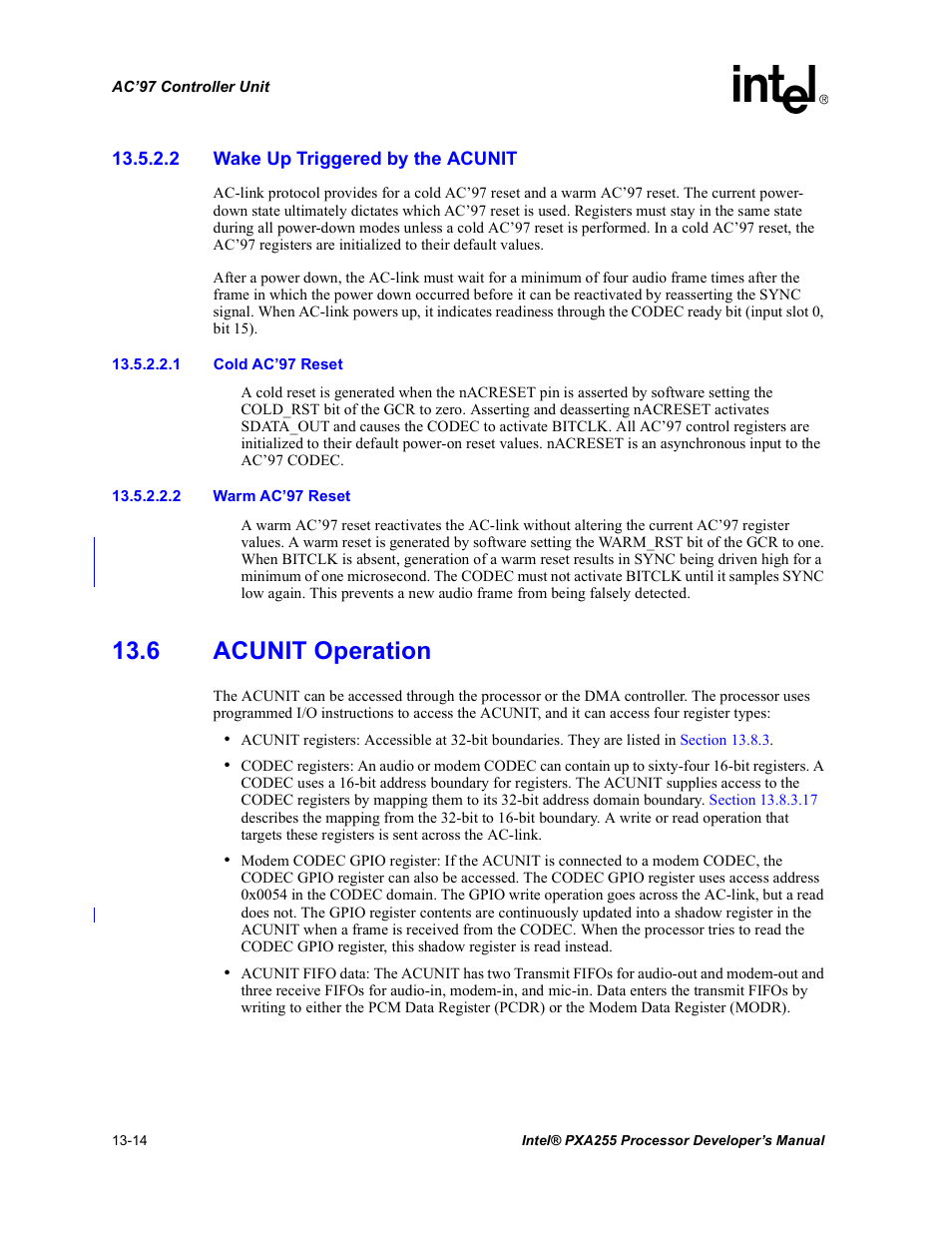 2 wake up triggered by the acunit, 6 acunit operation, 6 acunit operation -14 | Intel PXA255 User Manual | Page 466 / 600