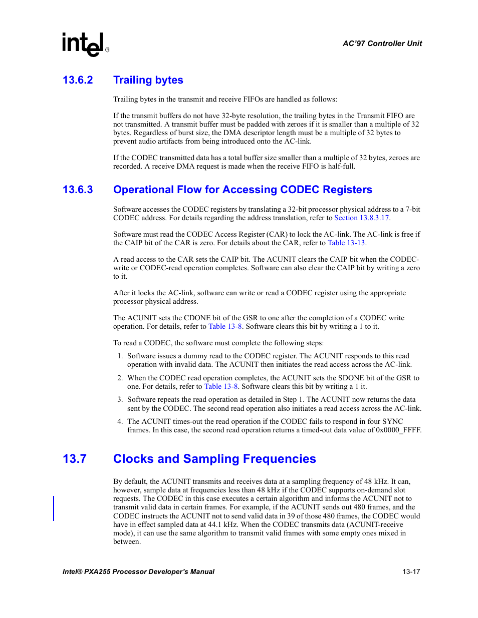 2 trailing bytes, 3 operational flow for accessing codec registers, 7 clocks and sampling frequencies | Intel PXA255 User Manual | Page 469 / 600