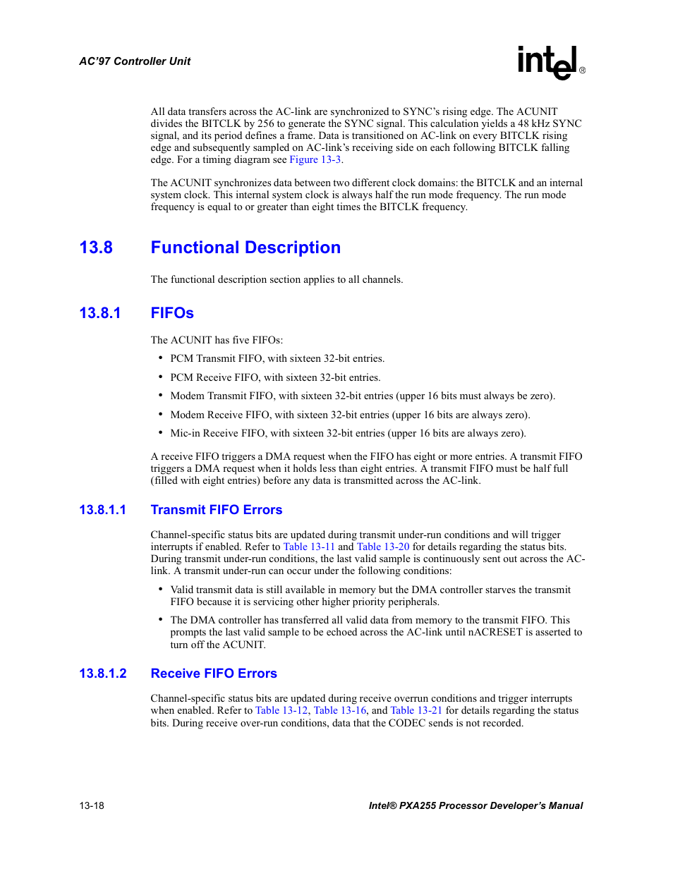 8 functional description, 1 fifos, 1 transmit fifo errors | 2 receive fifo errors, 8 functional description -18, 1 fifos -18 | Intel PXA255 User Manual | Page 470 / 600