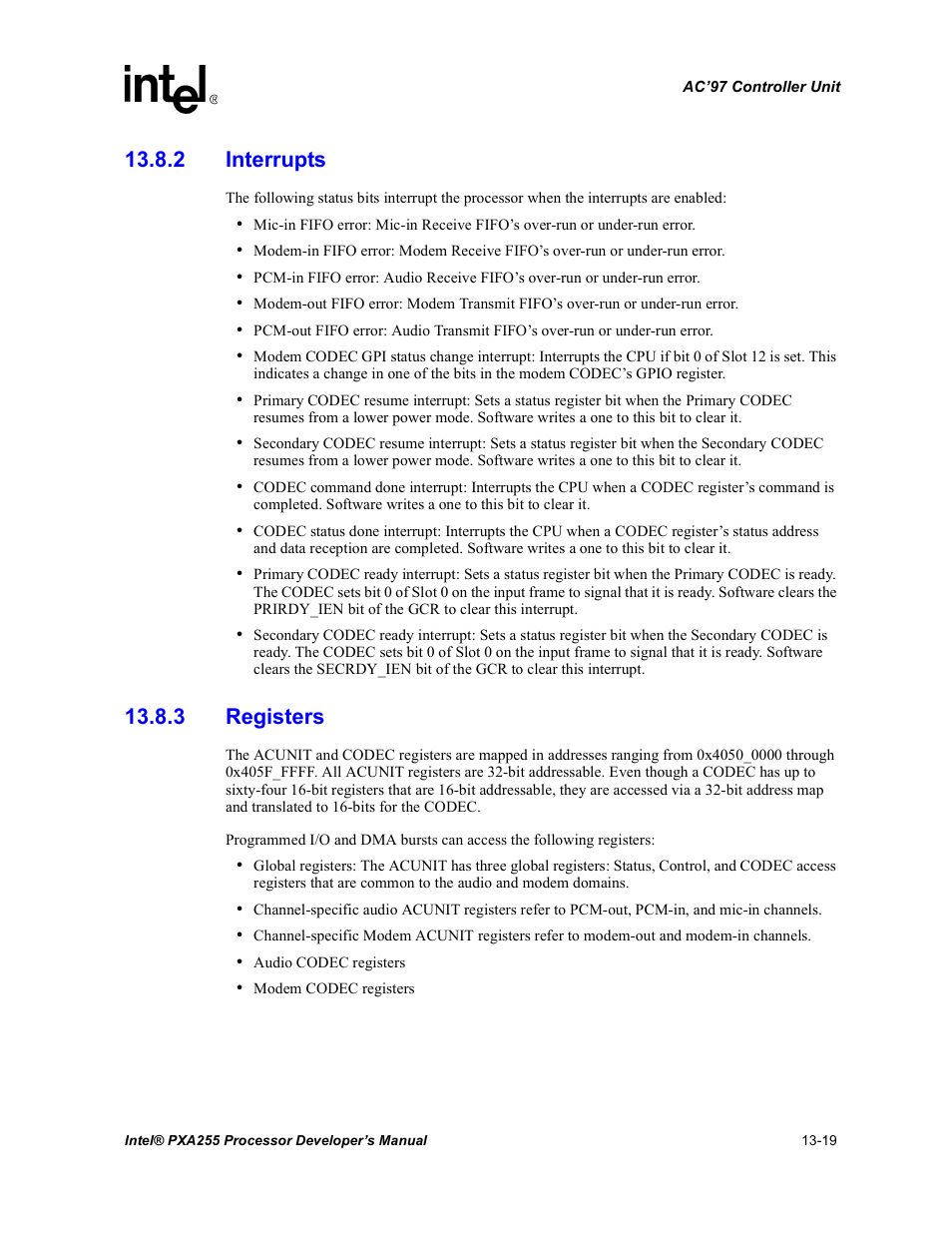 2 interrupts, 3 registers, 2 interrupts -19 13.8.3 registers -19 | Section 13.8.3 | Intel PXA255 User Manual | Page 471 / 600