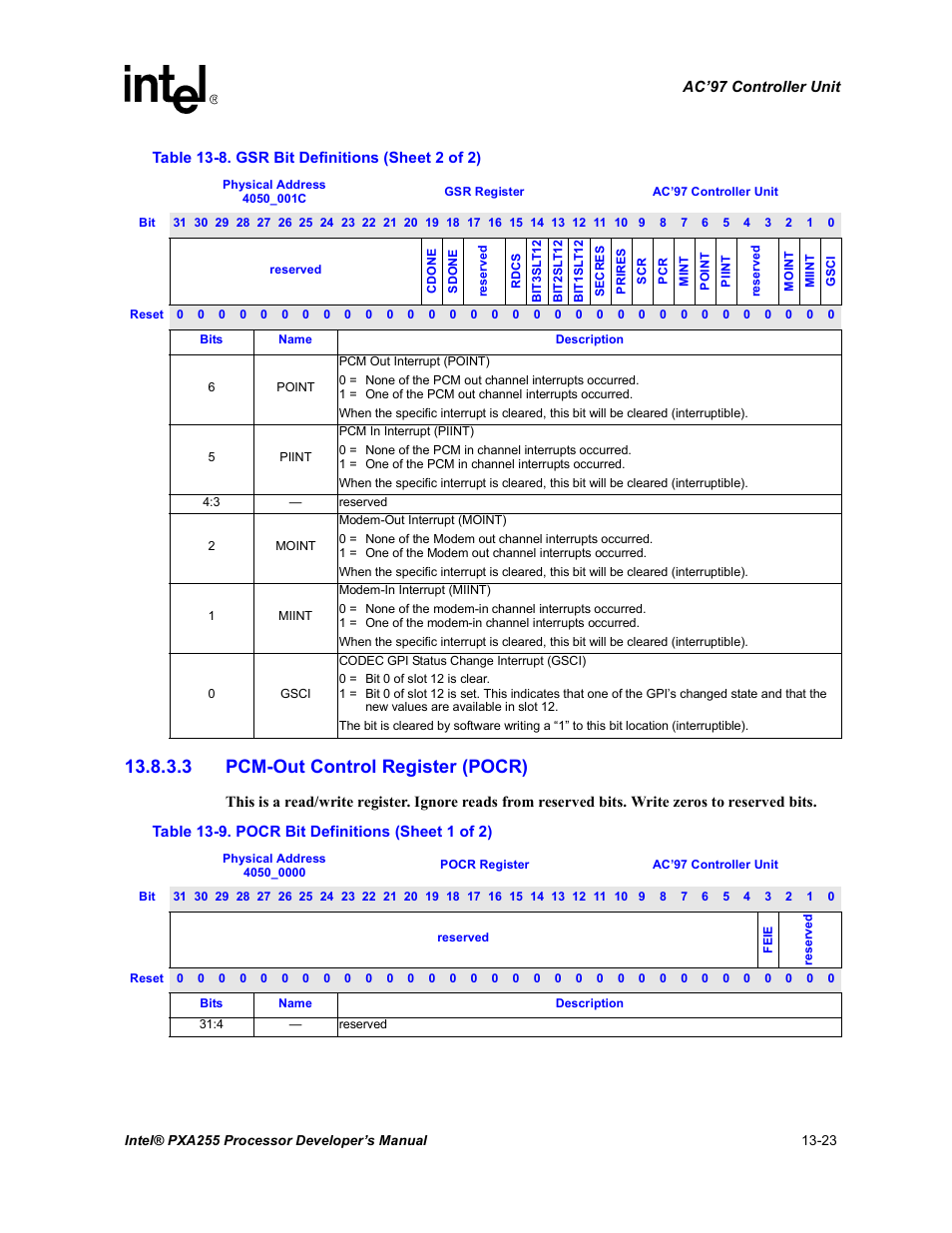 3 pcm-out control register (pocr), Pocr bit definitions -23 | Intel PXA255 User Manual | Page 475 / 600