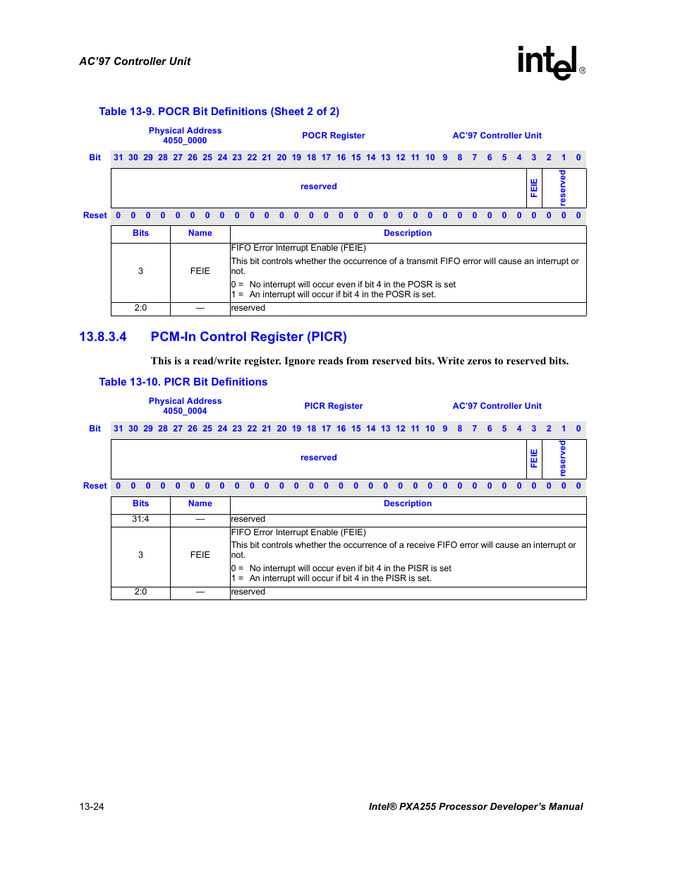 4 pcm-in control register (picr), 10 picr bit definitions -24 | Intel PXA255 User Manual | Page 476 / 600