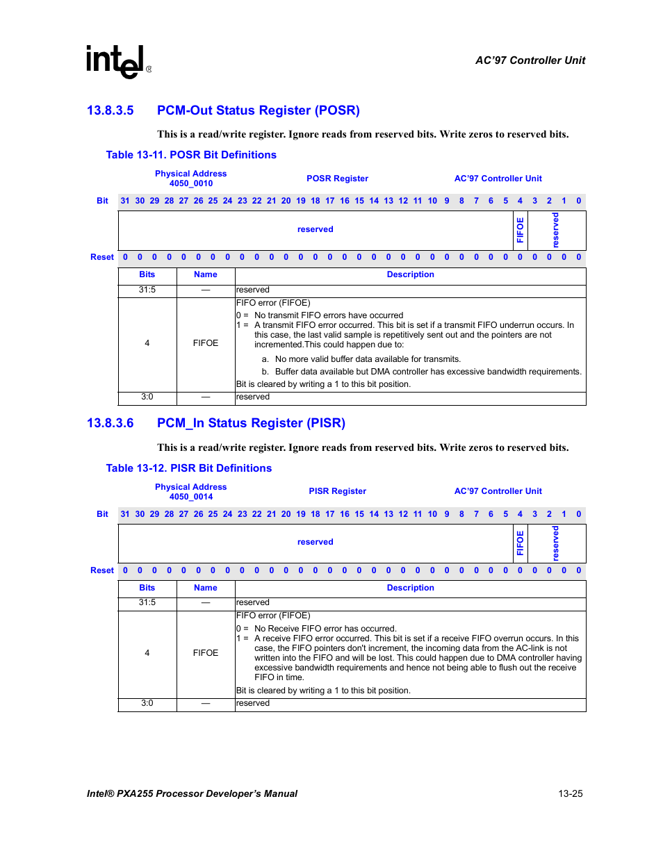 5 pcm-out status register (posr), 6 pcm_in status register (pisr), Table 13-11 | Table 13-12 | Intel PXA255 User Manual | Page 477 / 600