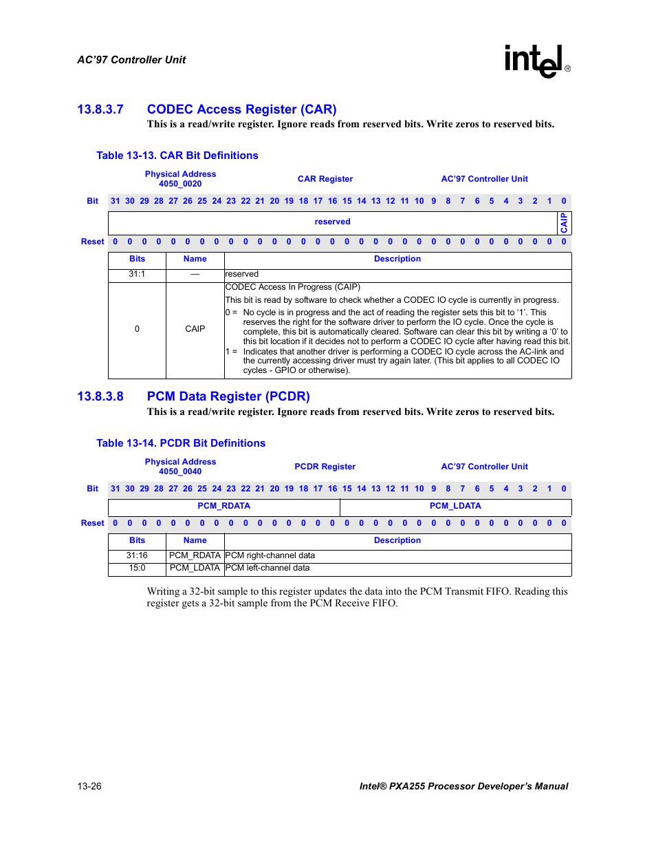 Table 13-13, 7 codec access register (car), 8 pcm data register (pcdr) | Intel PXA255 User Manual | Page 478 / 600