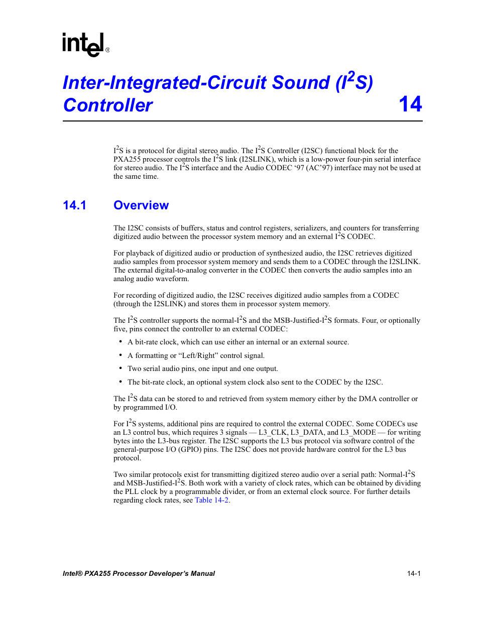 Inter-integrated-circuit sound (i2s) controller 14, 1 overview, Inter-integrated-circuit sound (i | S) controller | Intel PXA255 User Manual | Page 489 / 600