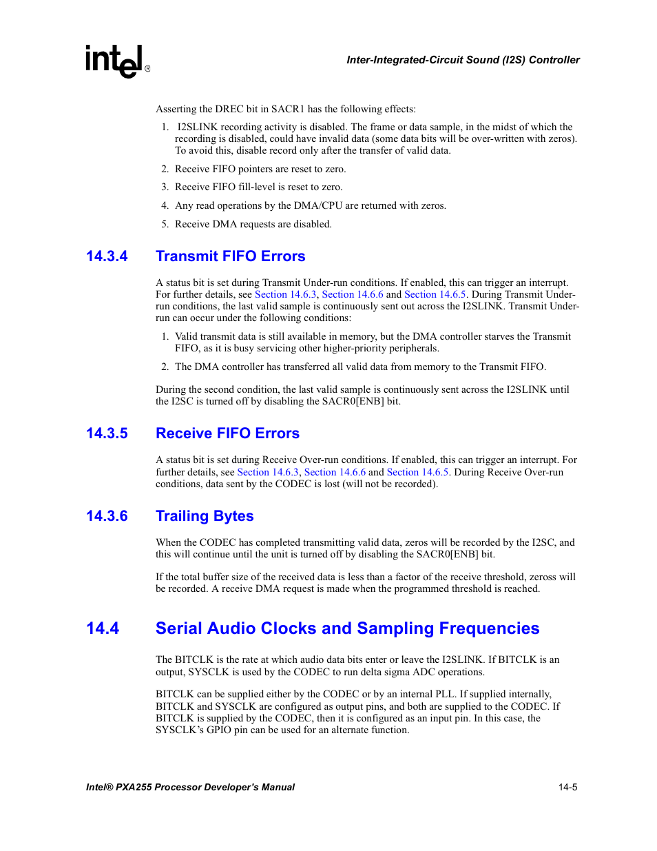 4 transmit fifo errors, 5 receive fifo errors, 6 trailing bytes | 4 serial audio clocks and sampling frequencies | Intel PXA255 User Manual | Page 493 / 600