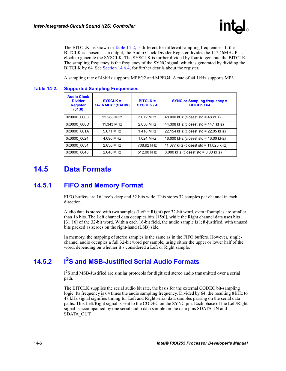 5 data formats, 1 fifo and memory format, 2 i2s and msb-justified serial audio formats | 5 data formats -6, Supported sampling frequencies -6, S and msb-justified serial audio formats | Intel PXA255 User Manual | Page 494 / 600