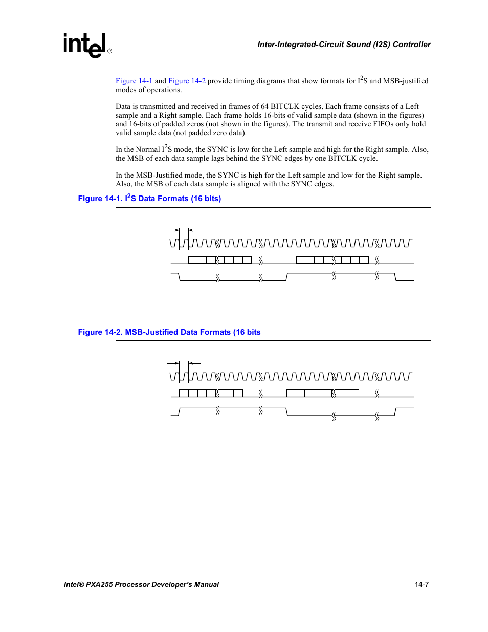 I2s data formats (16 bits) -7, Msb-justified data formats (16 bits -7 | Intel PXA255 User Manual | Page 495 / 600